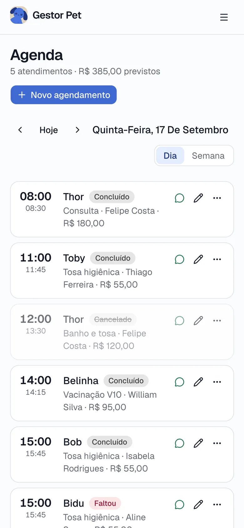 A agenda do dia aberta no celular